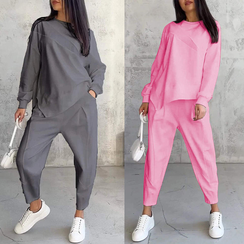 🌸✨Conjunto Feminino: Sweatshirt de Manga Longa com Barra Irregular e Calças