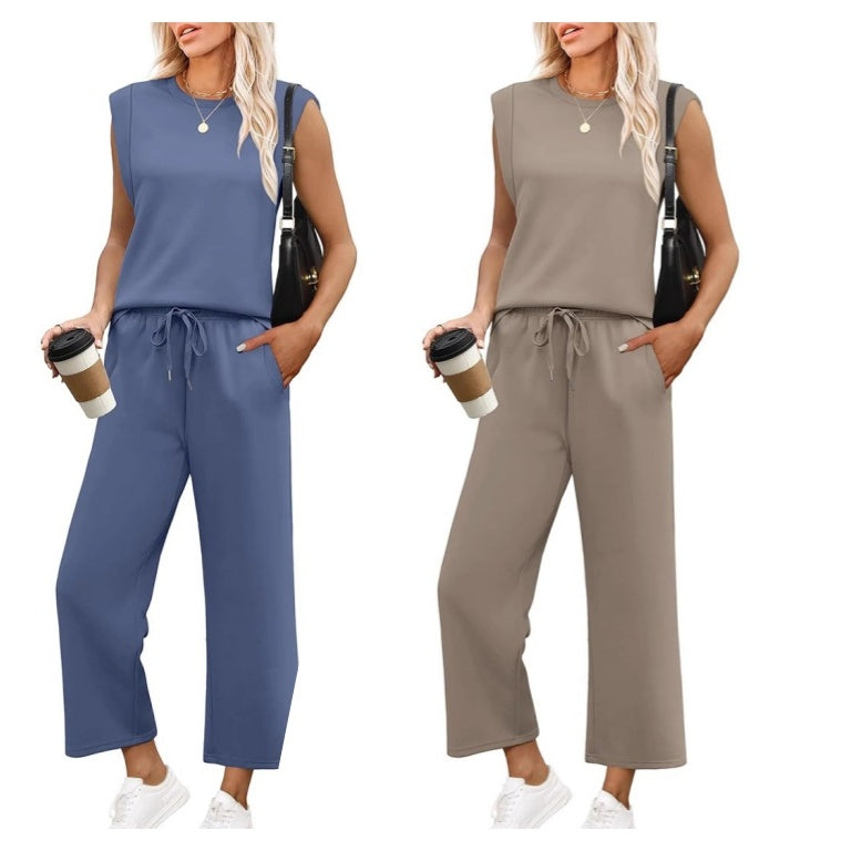 🌺 Novo conjunto de duas peças para mulher: top sem mangas e calças largas