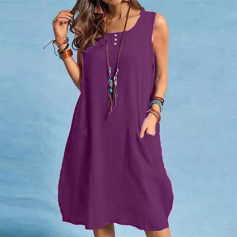 🌿Vestido largo sem mangas em algodão e linho com bolsos
