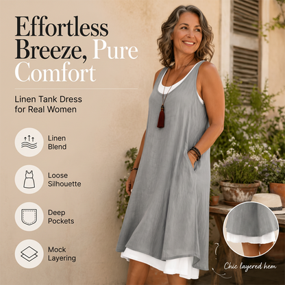 ⏰Último dia de promoção: 50% de desconto💃Vestido casual feminino sem mangas, de corte largo, com efeito de duas peças