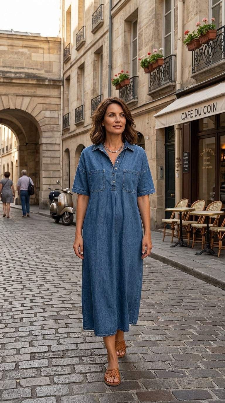 👗💙 Vestido Midi Jeans Feminino – Estilo Minimalista com Conforto e Versatilidade para o Dia a Dia