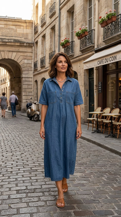 👗💙 Vestido Midi Jeans Feminino – Estilo Minimalista com Conforto e Versatilidade para o Dia a Dia