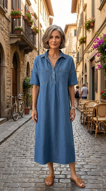 👗💙 Vestido Midi Jeans Feminino – Estilo Minimalista com Conforto e Versatilidade para o Dia a Dia