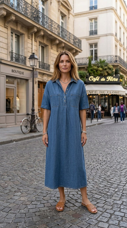 👗💙 Vestido Midi Jeans Feminino – Estilo Minimalista com Conforto e Versatilidade para o Dia a Dia