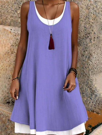 ⏰Último dia de promoção: 50% de desconto💃Vestido casual feminino sem mangas, de corte largo, com efeito de duas peças