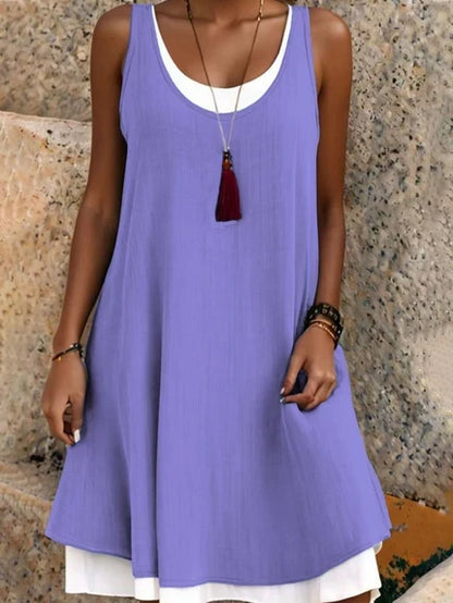 ⏰Último dia de promoção: 50% de desconto💃Vestido casual feminino sem mangas, de corte largo, com efeito de duas peças