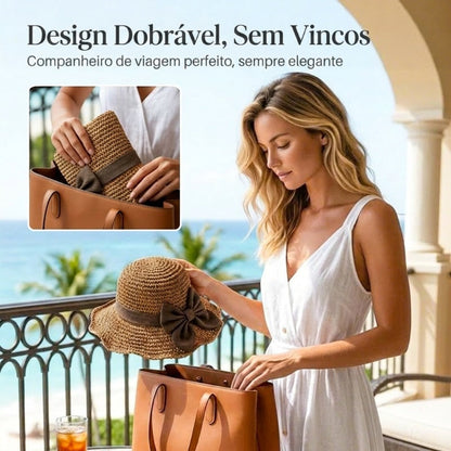 Chapéu de Palha com Laço Retro – Dobrável e Respirável para o Verão
