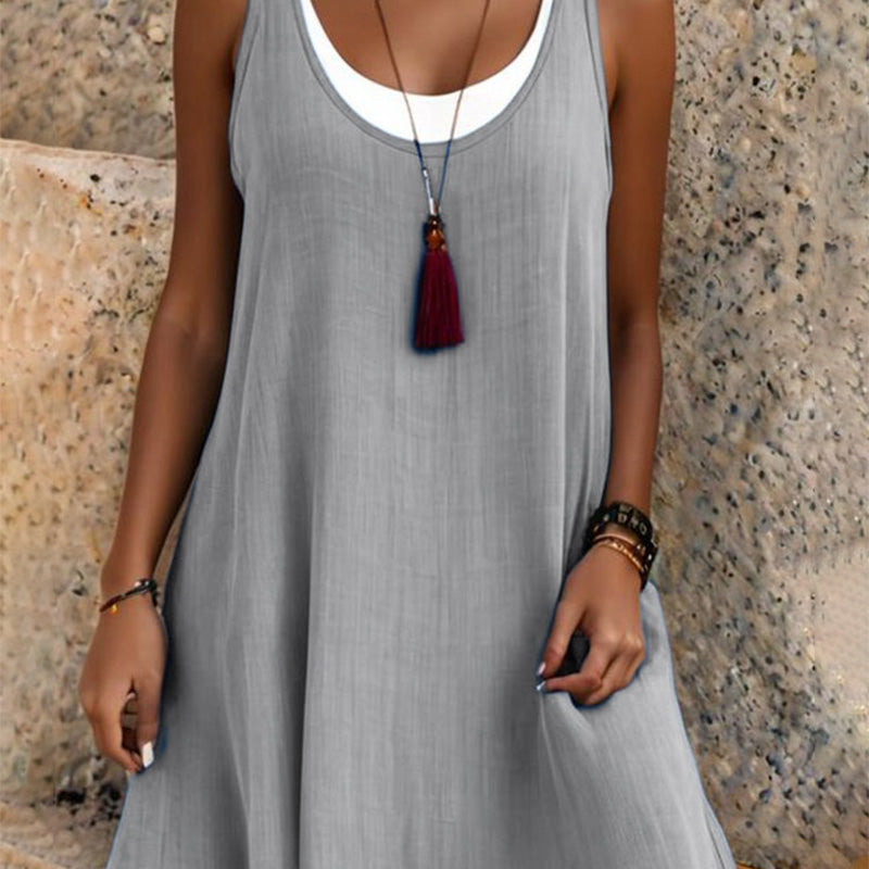 ⏰Último dia de promoção: 50% de desconto💃Vestido casual feminino sem mangas, de corte largo, com efeito de duas peças