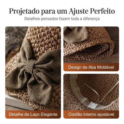 Chapéu de Palha com Laço Retro – Dobrável e Respirável para o Verão