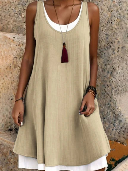 ⏰Último dia de promoção: 50% de desconto💃Vestido casual feminino sem mangas, de corte largo, com efeito de duas peças