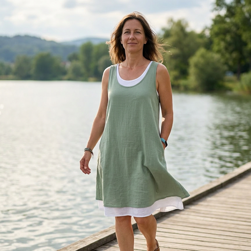 ⏰Último dia de promoção: 50% de desconto💃Vestido casual feminino sem mangas, de corte largo, com efeito de duas peças