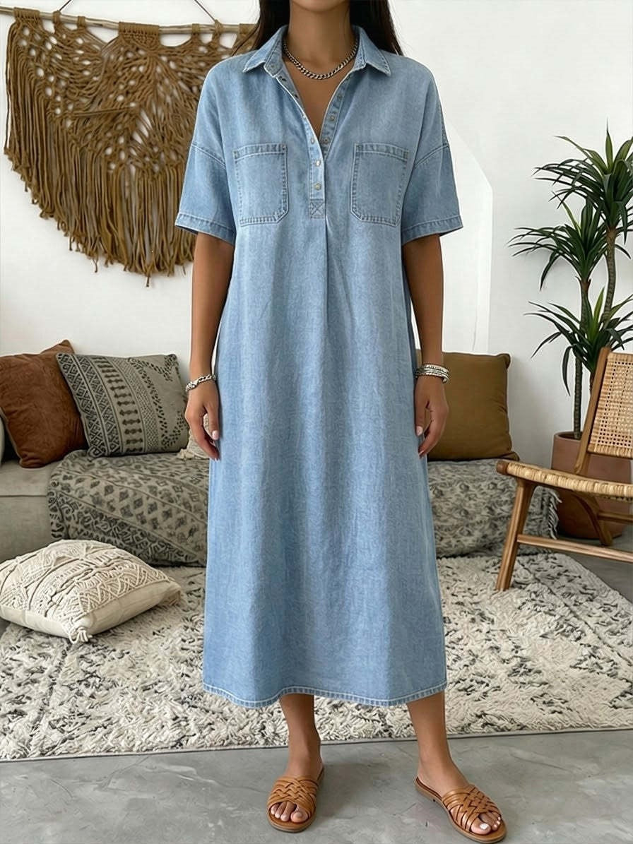 👗💙 Vestido Midi Jeans Feminino – Estilo Minimalista com Conforto e Versatilidade para o Dia a Dia