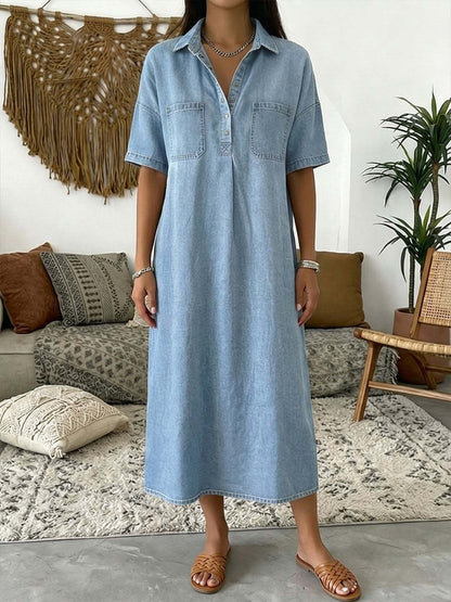 👗💙 Vestido Midi Jeans Feminino – Estilo Minimalista com Conforto e Versatilidade para o Dia a Dia