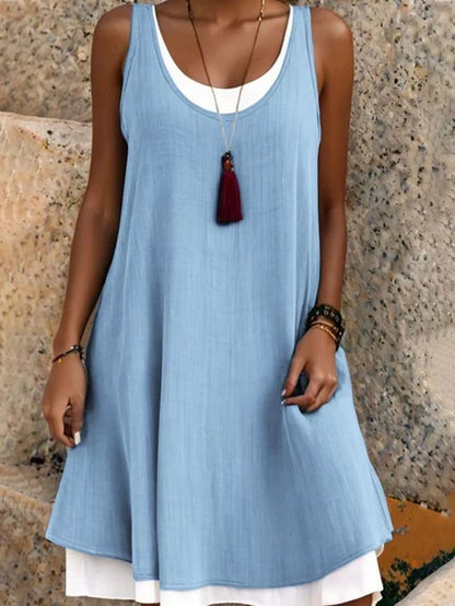 ⏰Último dia de promoção: 50% de desconto💃Vestido casual feminino sem mangas, de corte largo, com efeito de duas peças
