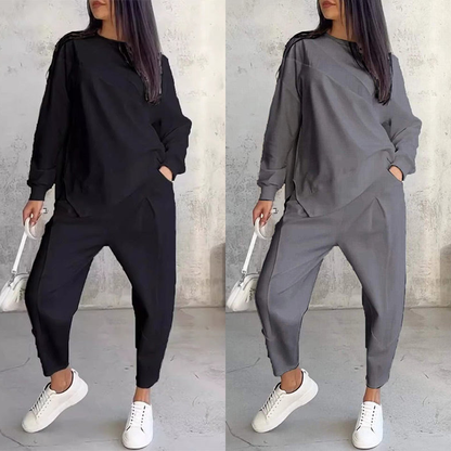 🌸✨Conjunto Feminino: Sweatshirt de Manga Longa com Barra Irregular e Calças