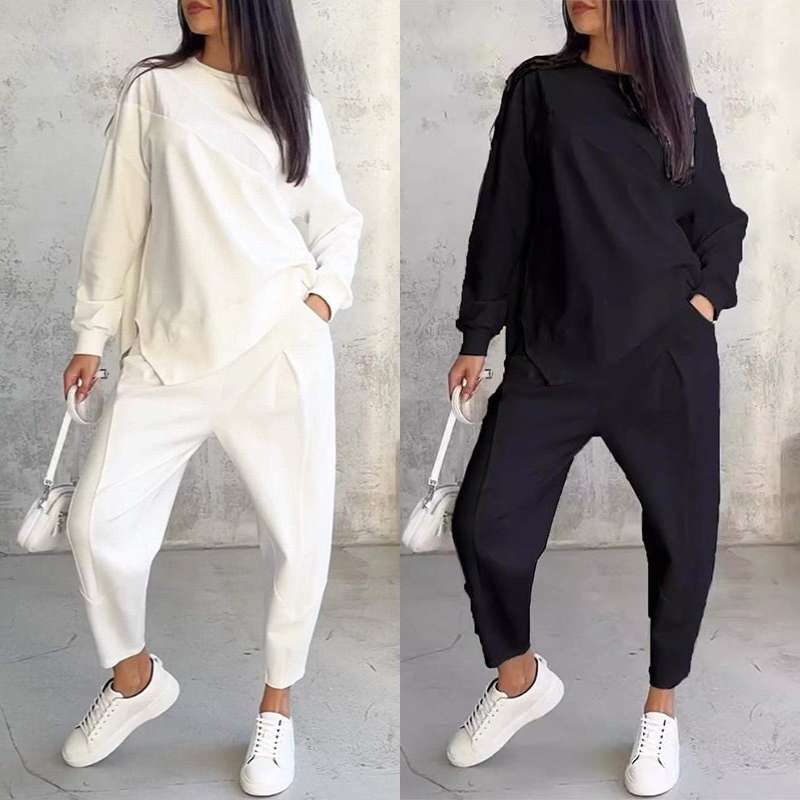 🌸✨Conjunto Feminino: Sweatshirt de Manga Longa com Barra Irregular e Calças