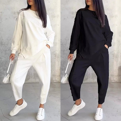 🌸✨Conjunto Feminino: Sweatshirt de Manga Longa com Barra Irregular e Calças