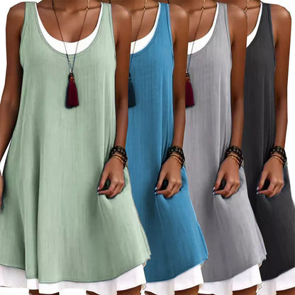 ⏰Último dia de promoção! 50% de desconto💃Vestido feminino casual, solto, sem mangas, com efeito de duas peças.