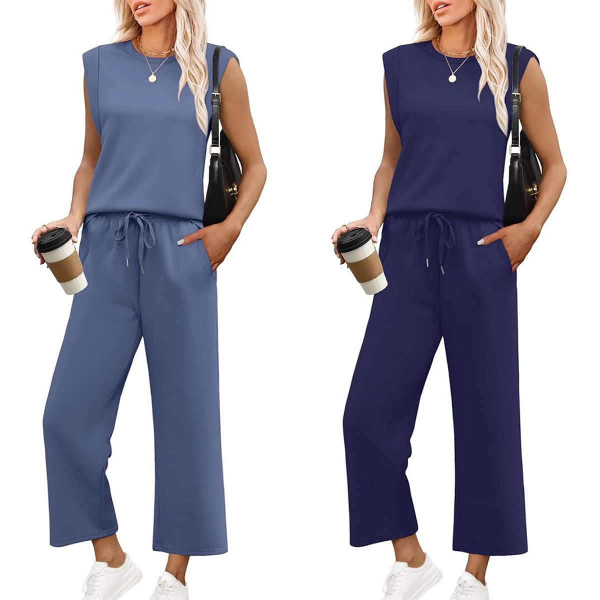 🌺 Novo conjunto de duas peças para mulher: top sem mangas e calças largas