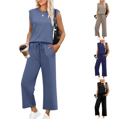 🌺 Novo conjunto de duas peças para mulher: top sem mangas e calças largas