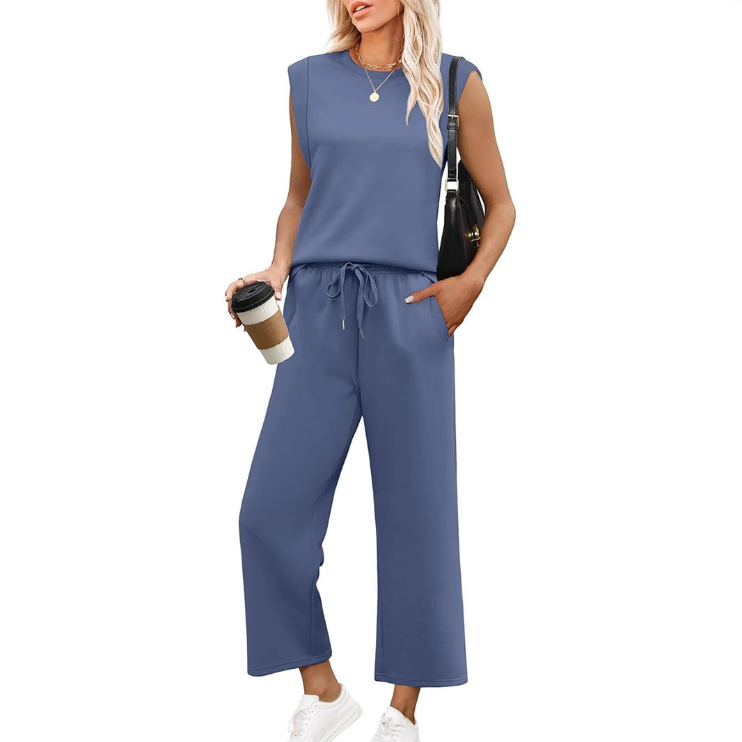 🌺 Novo conjunto de duas peças para mulher: top sem mangas e calças largas