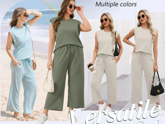 🌺 Novo conjunto de duas peças para mulher: top sem mangas e calças largas