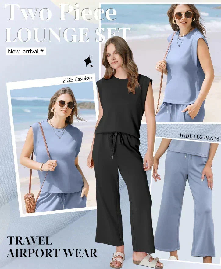 🌺 Novo conjunto de duas peças para mulher: top sem mangas e calças largas