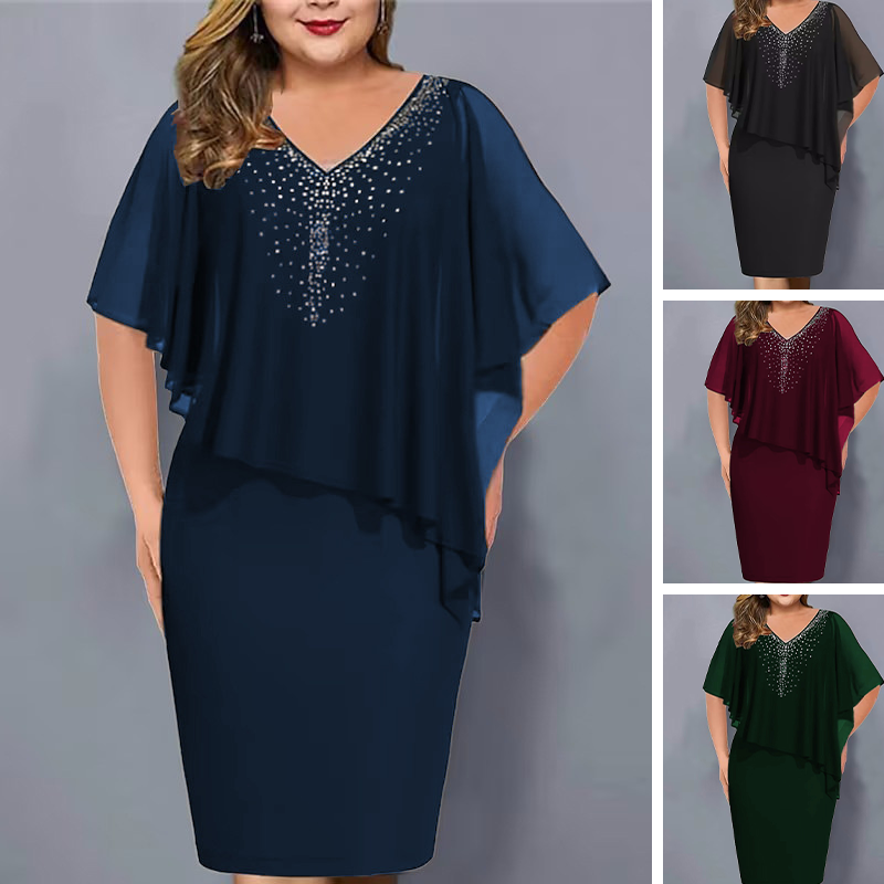 🎉50% DE DESCONTO👗Vestido capa com decote em V e strass com sobreposição de chiffon