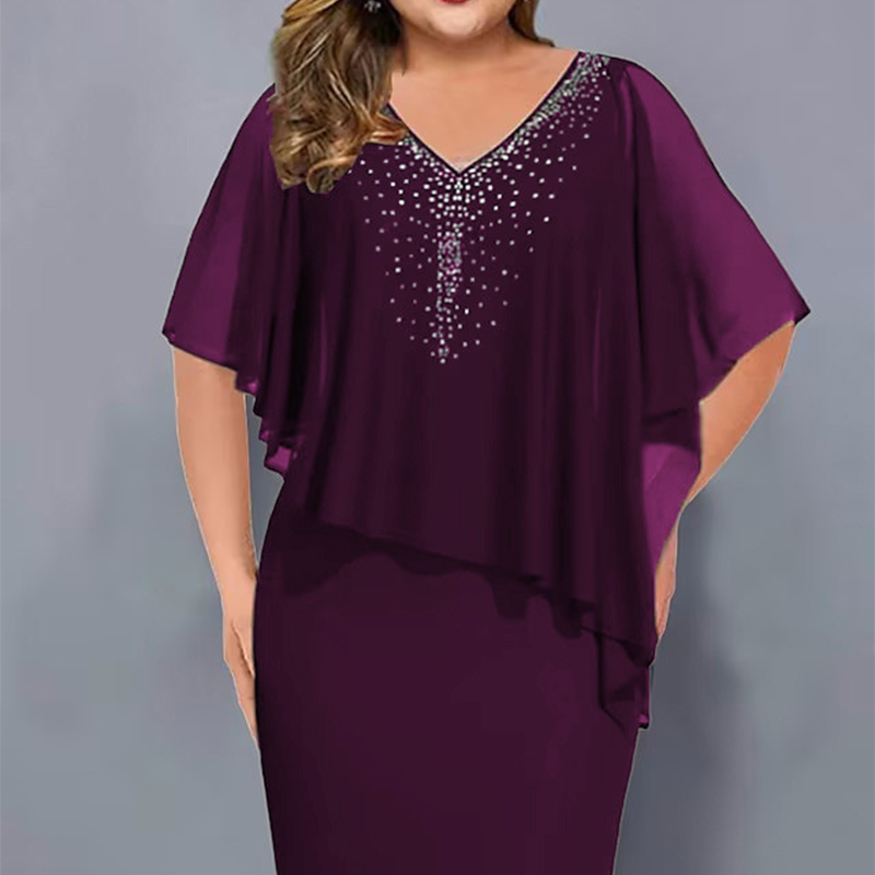 🎉50% DE DESCONTO👗Vestido capa com decote em V e strass com sobreposição de chiffon