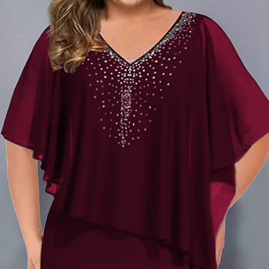 🎉50% DE DESCONTO👗Vestido capa com decote em V e strass com sobreposição de chiffon