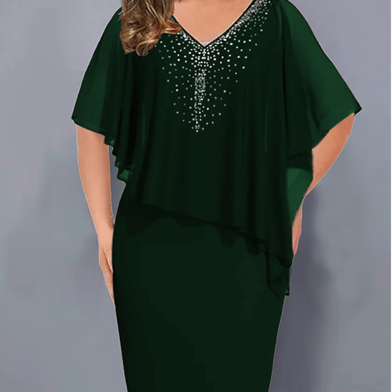 🎉50% DE DESCONTO👗Vestido capa com decote em V e strass com sobreposição de chiffon