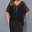 🎉50% DE DESCONTO👗Vestido capa com decote em V e strass com sobreposição de chiffon