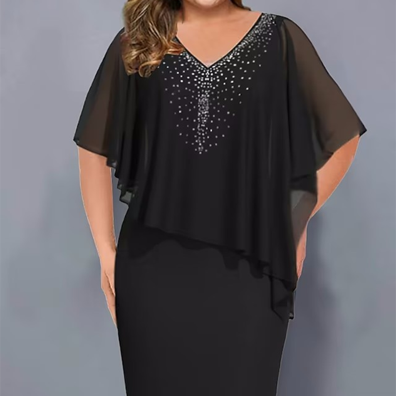 🎉50% DE DESCONTO👗Vestido capa com decote em V e strass com sobreposição de chiffon