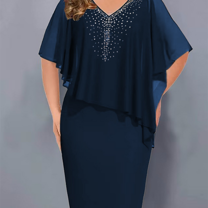 🎉50% DE DESCONTO👗Vestido capa com decote em V e strass com sobreposição de chiffon