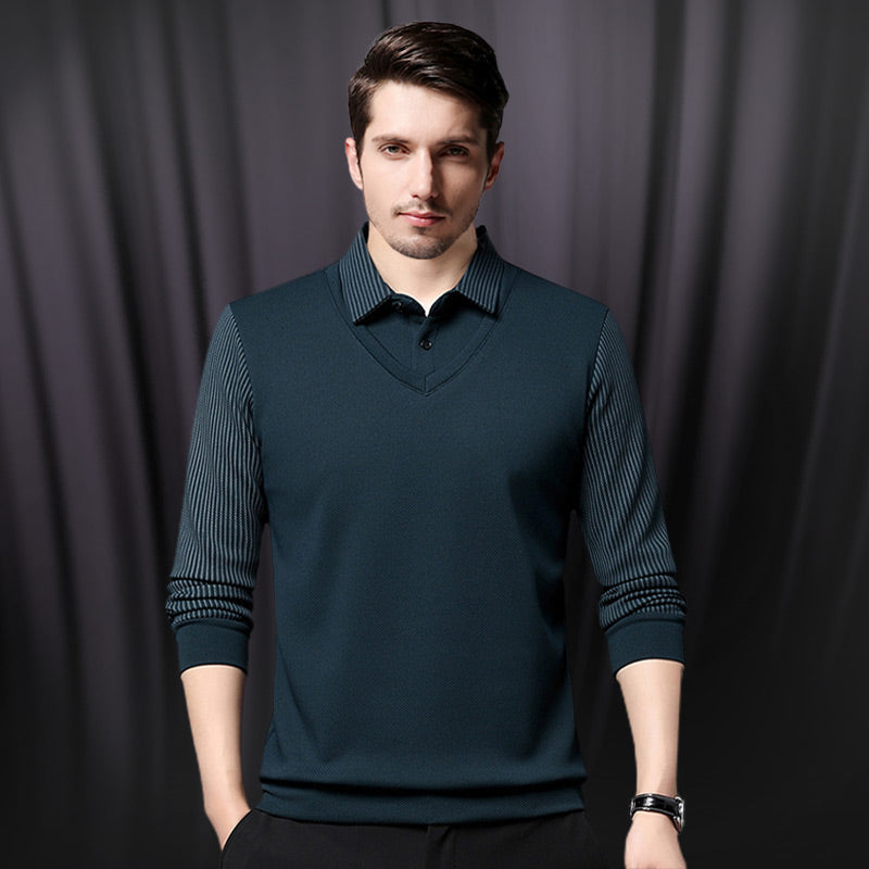 Camisa masculina de malha de duas peças com lapela falsa