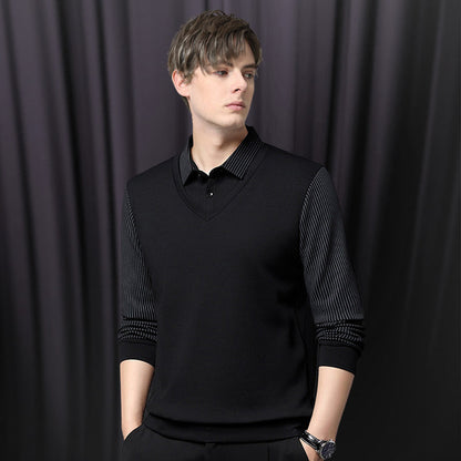 Camisa masculina de malha de duas peças com lapela falsa
