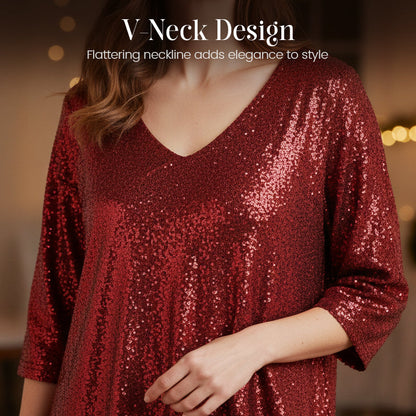 ✨👗Vestido feminino com decote em V e lantejoulas brilhantes