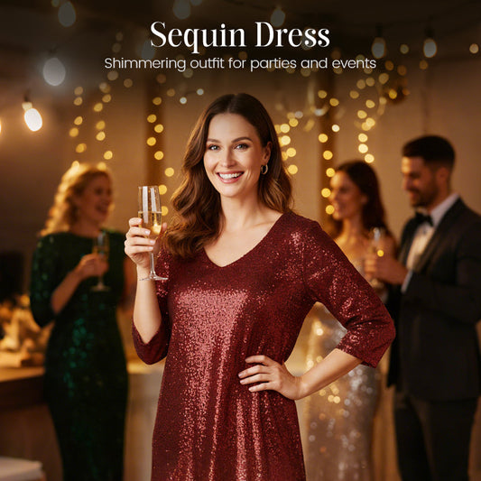✨👗Vestido feminino com decote em V e lantejoulas brilhantes