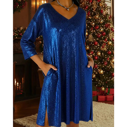 ✨👗Vestido feminino com decote em V e lantejoulas brilhantes