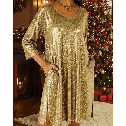 ✨👗Vestido feminino com decote em V e lantejoulas brilhantes