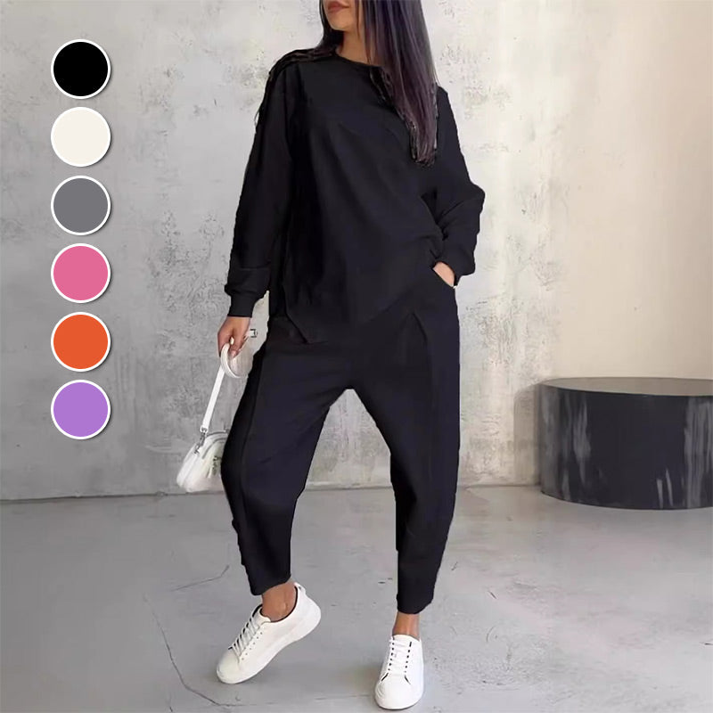🌸✨Conjunto Feminino: Sweatshirt de Manga Longa com Barra Irregular e Calças