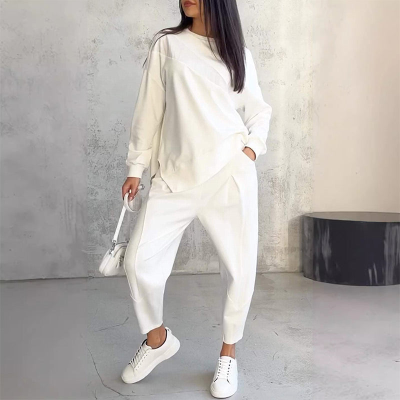 🌸✨Conjunto Feminino: Sweatshirt de Manga Longa com Barra Irregular e Calças