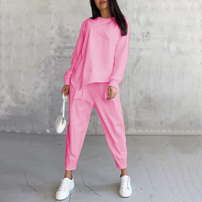 🌸✨Conjunto Feminino: Sweatshirt de Manga Longa com Barra Irregular e Calças