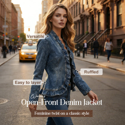 🧥 50% DE DESCONTO AGORA! 🌸 Jaqueta jeans feminina aberta com detalhes de babados – leve, feminina e versátil – elegante para qualquer look 👗