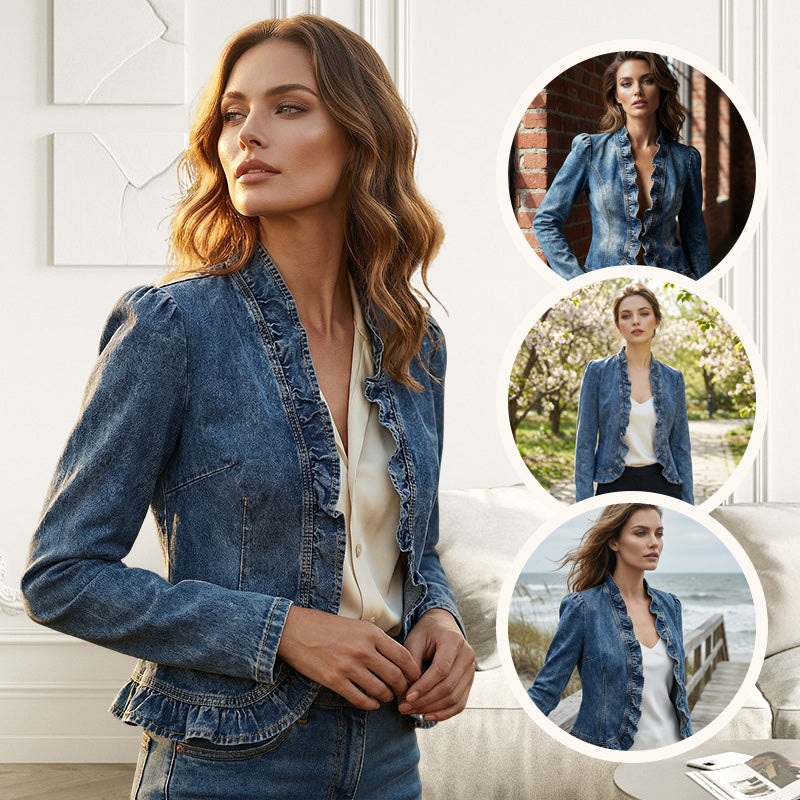 🧥 50% DE DESCONTO AGORA! 🌸 Jaqueta jeans feminina aberta com detalhes de babados – leve, feminina e versátil – elegante para qualquer look 👗