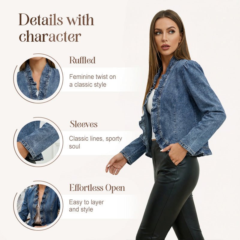 🧥 50% DE DESCONTO AGORA! 🌸 Jaqueta jeans feminina aberta com detalhes de babados – leve, feminina e versátil – elegante para qualquer look 👗