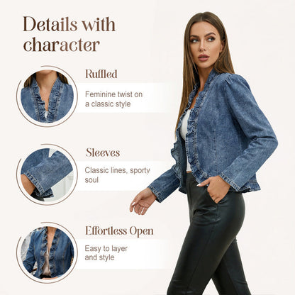🧥 50% DE DESCONTO AGORA! 🌸 Jaqueta jeans feminina aberta com detalhes de babados – leve, feminina e versátil – elegante para qualquer look 👗