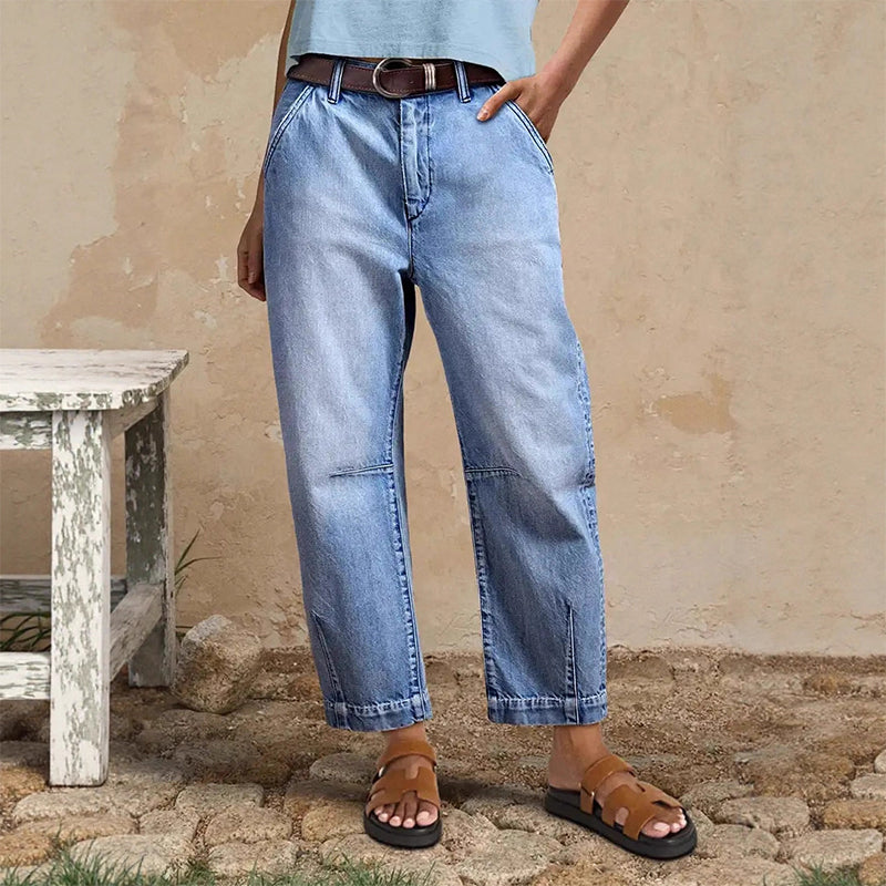 Calça jeans feminina cropped barrel de cintura alta