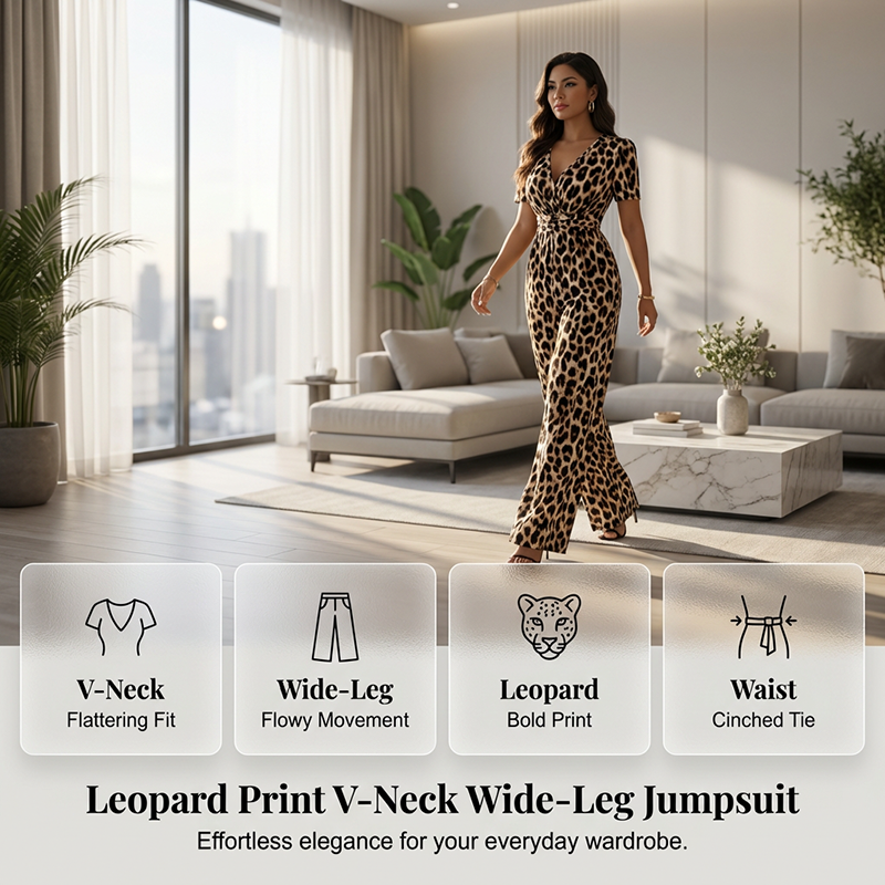 🎁Novidade com 50% de desconto💥Macacão de corte largo com decote em V e padrão leopardo