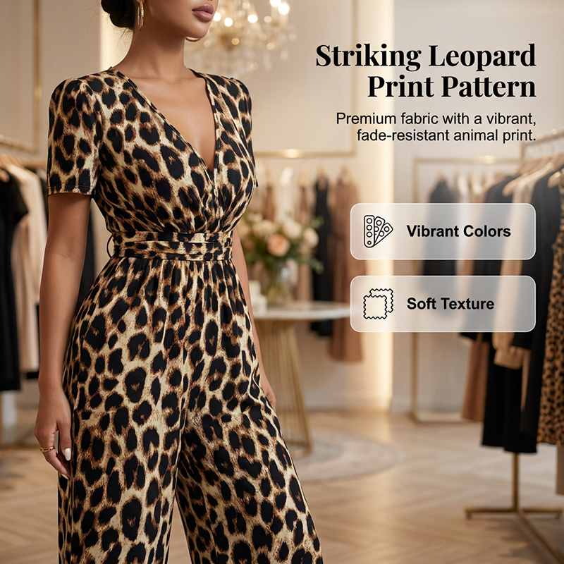 🎁Novidade com 50% de desconto💥Macacão de corte largo com decote em V e padrão leopardo